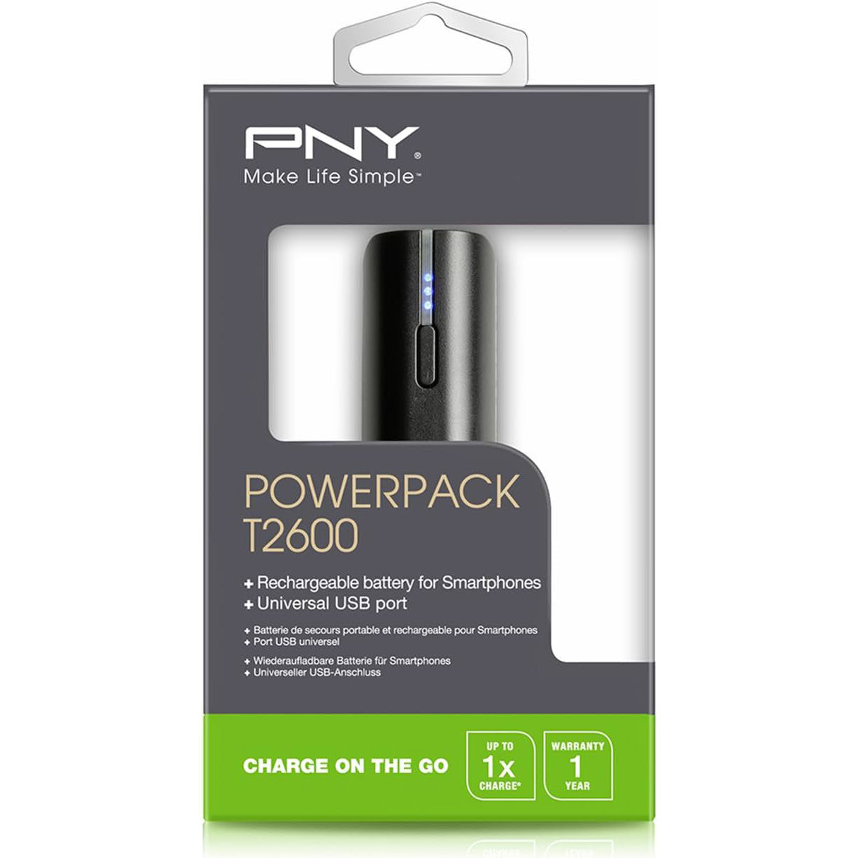 Baterie Externa PNY Tseries T 2600 mAh - USB - P-B2600-1TK01-RB - 3536401518761 - 7