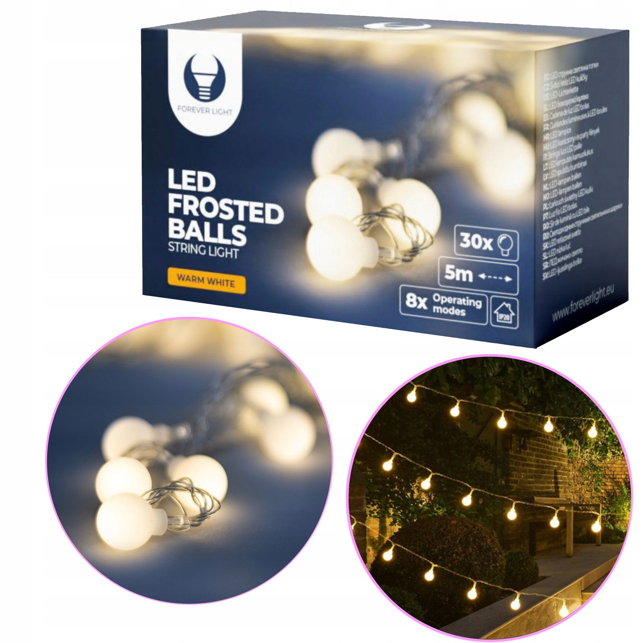 Ghirlanda Instalatie Alb Cald 5m Forever Light - Frosted Balls 30 Lumini 230V 8 Moduri - 5900495963017 - 1