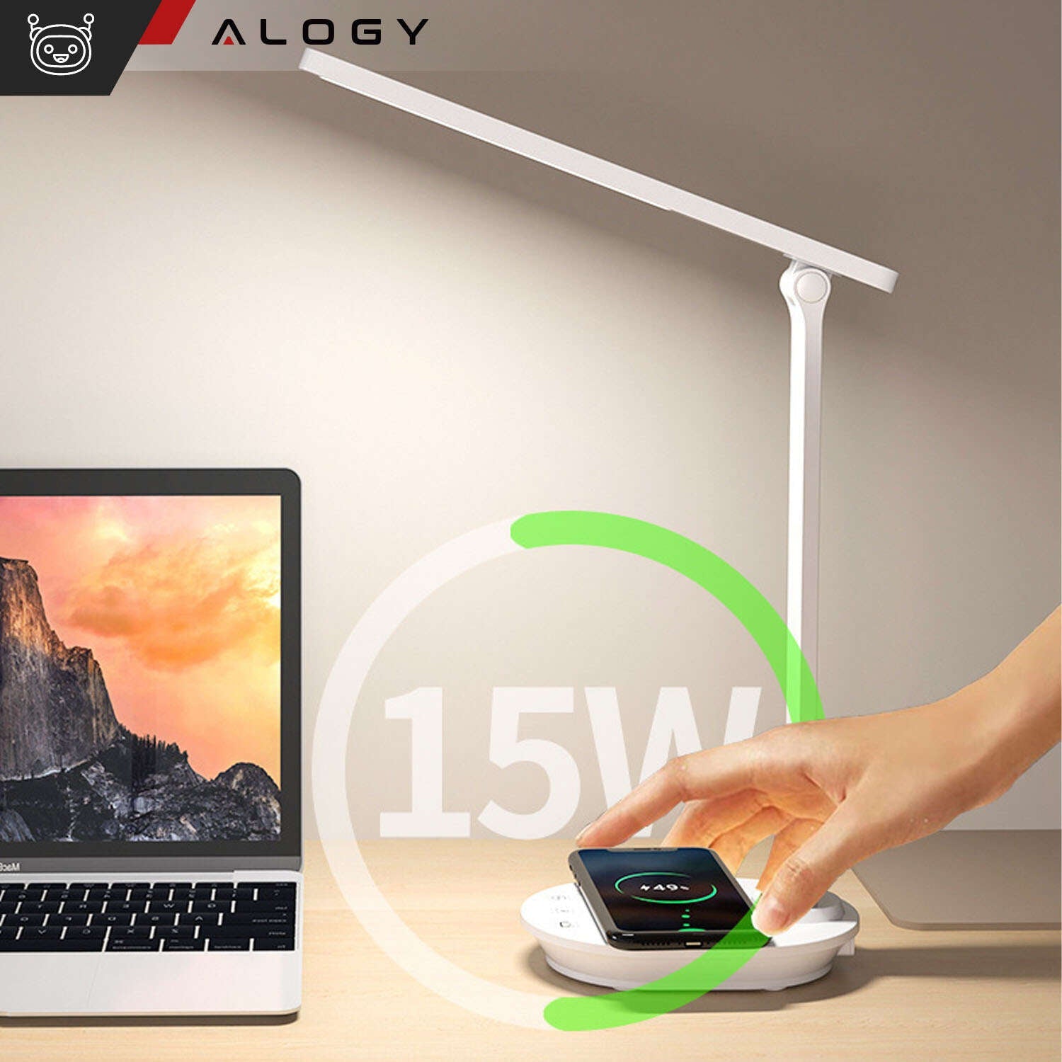 Lampa de Birou LED Alogy - 290 lm 3 Moduri & 4 Niveluri Luminozitate Incarcator Wireless 15W Protectie Ochi Control Touch Timer