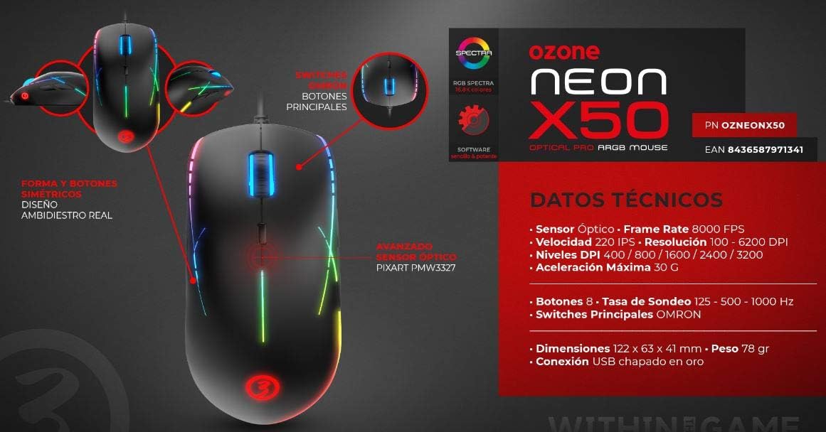 Mouse cu fir Ozone Neon X50 - ARGB Senzor Optic Pixart PMW3327 6200 DPI 8000 FPS 8 Butoane Ambidextru - OZNEONX50 - 8436587971341 - 7