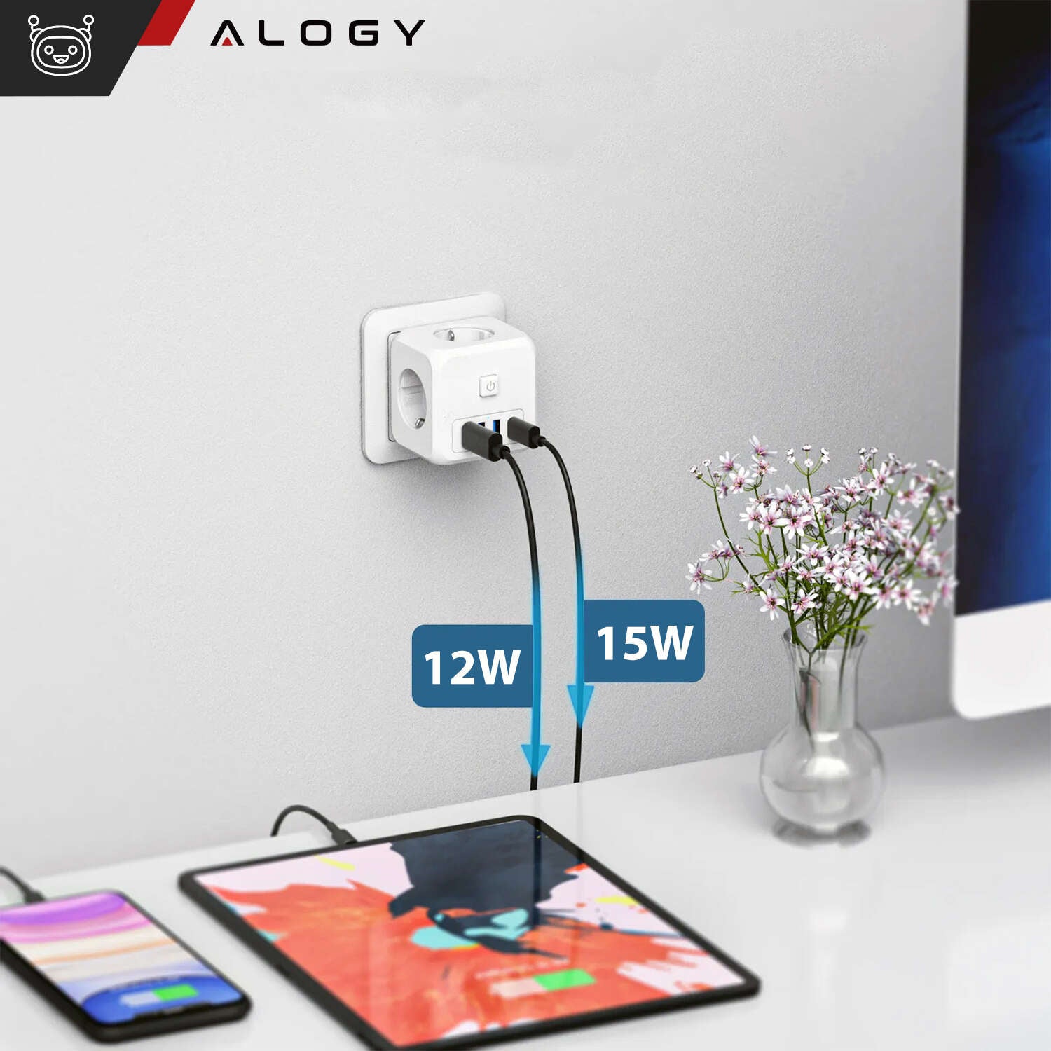 Priza Adaptor Alogy - 3 x AC USB 12 W 1 USB-C 15 Buton On/Off - NI2023EU - 5905601809531 - 9