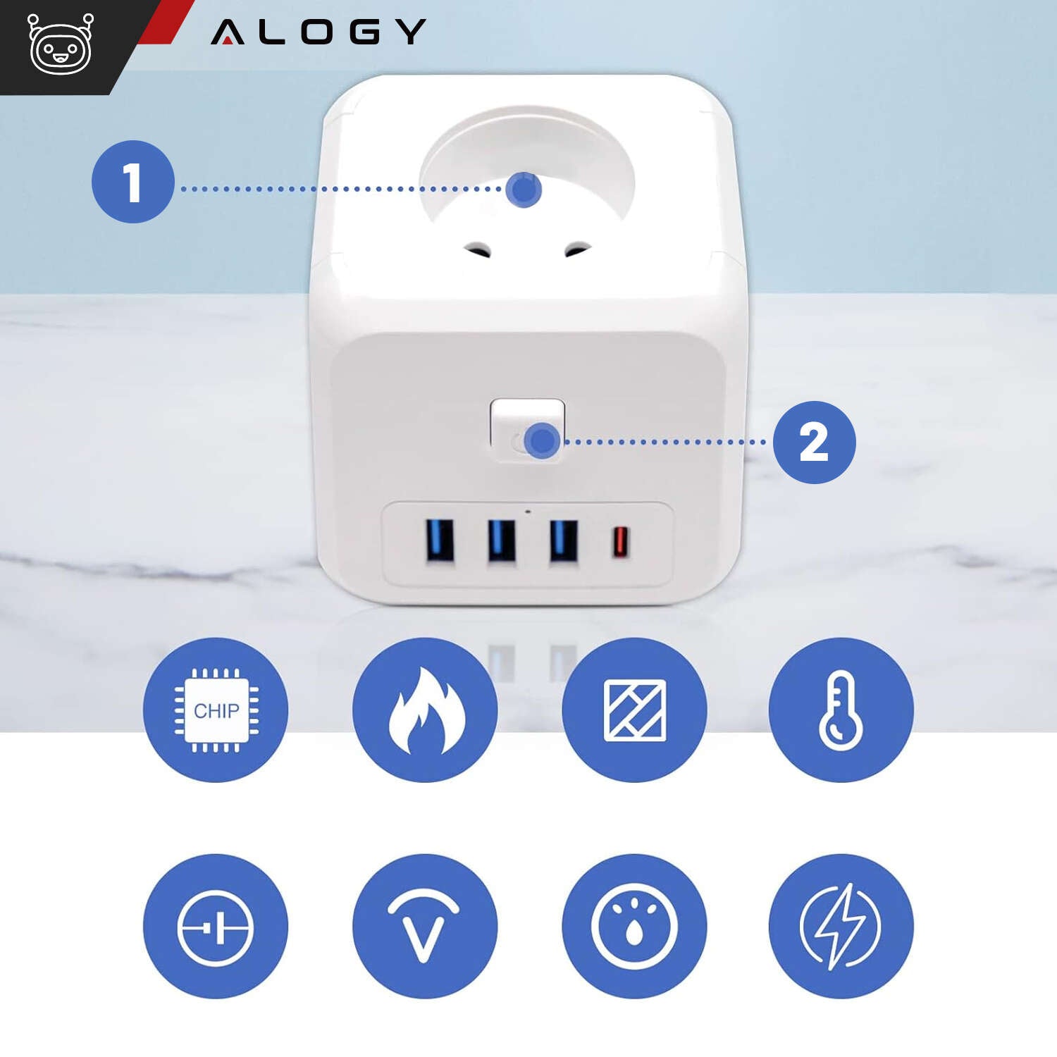 Priza Adaptor Alogy - 3 x AC USB 12 W 1 USB-C 15 Buton On/Off - NI2023EU - 5905601809531 - 4