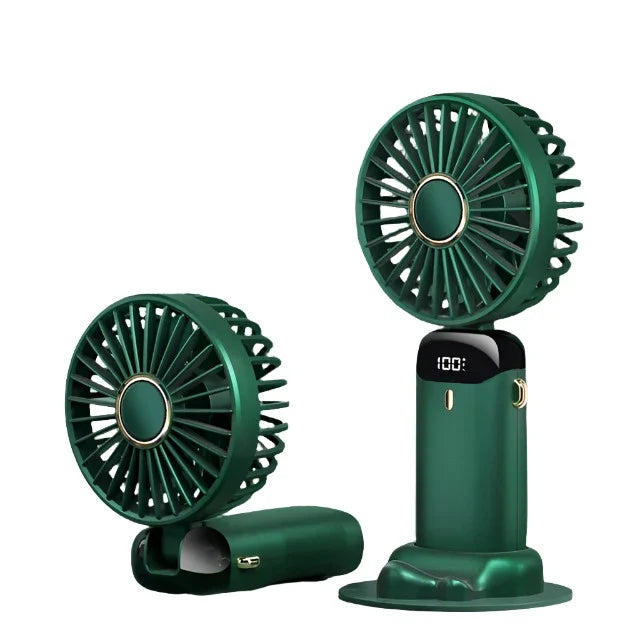 Ventilator Portabil - 5 viteze Afisaj LED Curea gat Ajustare 90° Suport Birou Stand Smartphone 1800 mAh - Verde - N-15-Green - 1