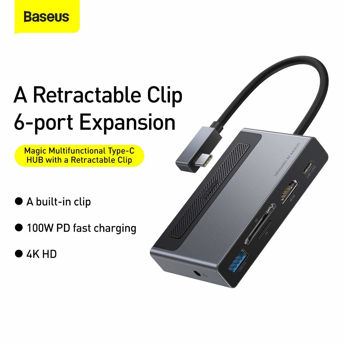 Hub Docking Station Baseus Magic Multifunctional 6 in 1 - 100W USB-C PD USB 3.0 HDMI 4K HD TF/SD 3.5mm - CAHUB-DA0G - 6953156205741 - 4