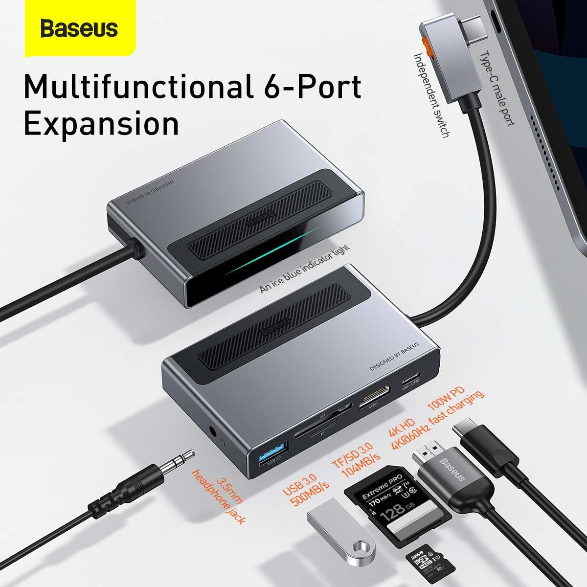 Hub Docking Station Baseus Magic Multifunctional 6 in 1 - 100W USB-C PD USB 3.0 HDMI 4K HD TF/SD 3.5mm - CAHUB-DA0G - 6953156205741 - 5